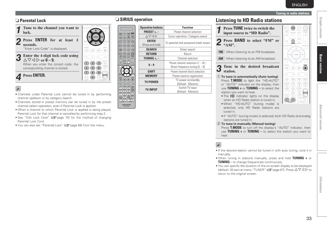 Marantz SR7005 manual Listening to HD Radio stations, NnParental Lock, NnSIRIUS operation 