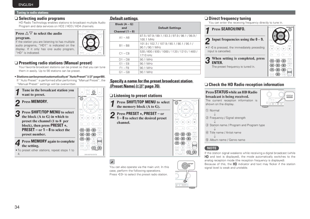 Marantz SR7005 manual NnSelecting audio programs, NnPresetting radio stations Manual preset, Default settings 