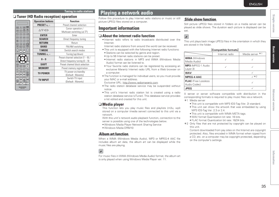 Marantz SR7005 manual Playing a network audio, NnTuner HD Radio reception operation, NnAbout the internet radio function 