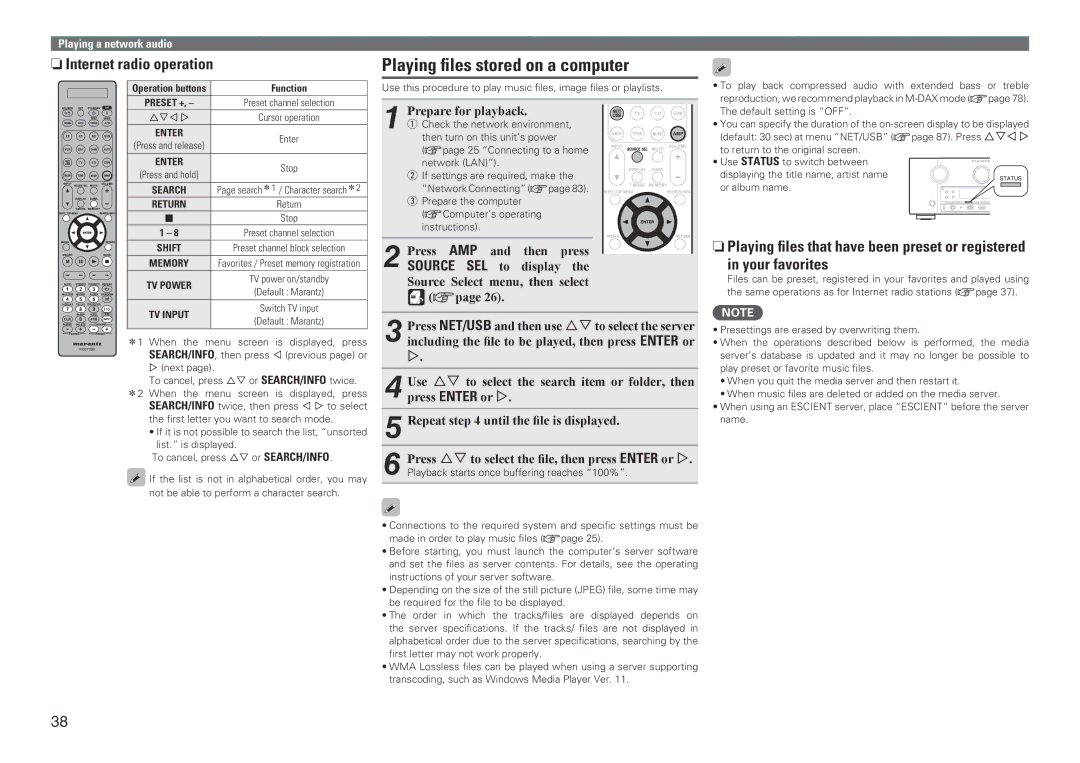 Marantz SR7005 manual Playing files stored on a computer, NnInternet radio operation 