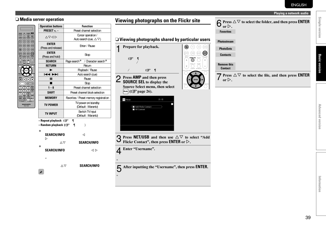 Marantz SR7005 manual NnMedia server operation, NnViewing photographs shared by particular users, Contact 