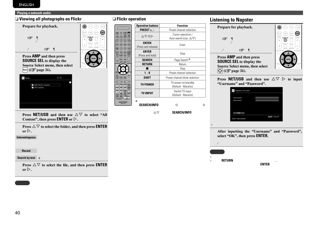 Marantz SR7005 manual Listening to Napster, NnViewing all photographs on Flickr, NnFlickr operation 