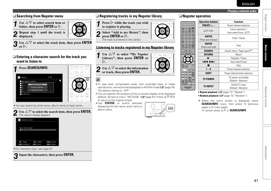 Marantz SR7005 manual NnSearching from Napster menu, NnRegistering tracks in my Napster library, NnNapster operation 