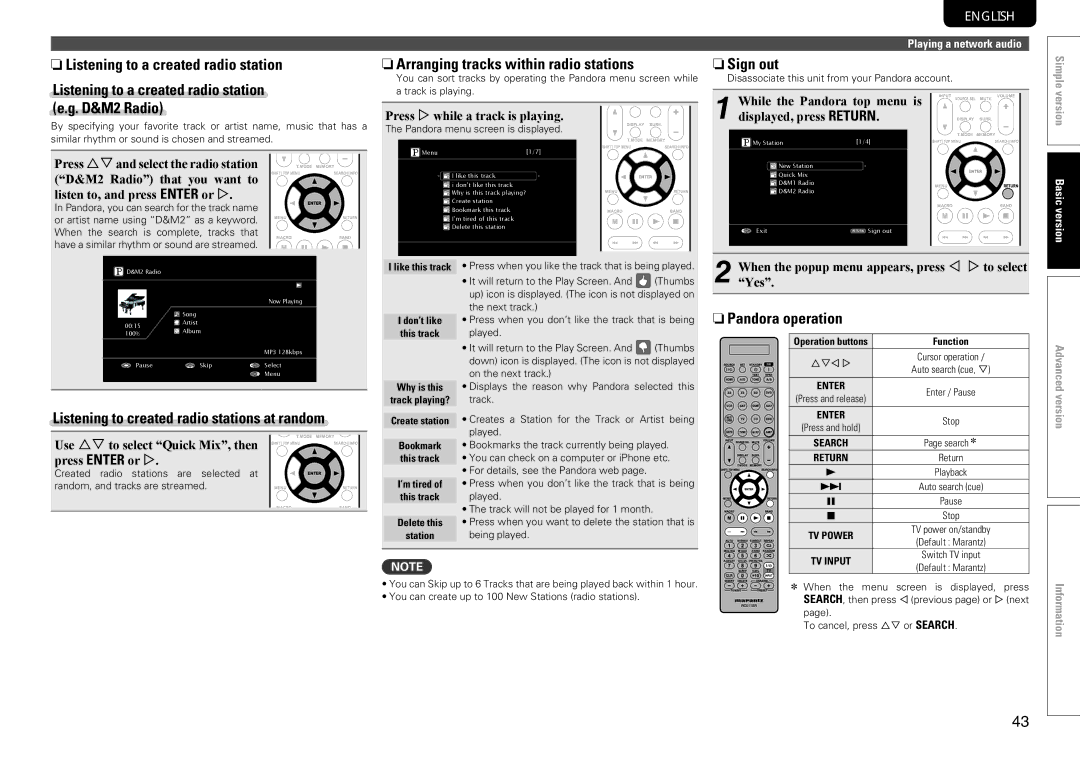 Marantz SR7005 manual NnArranging tracks within radio stations, NnSign out, Listening to created radio stations at random 