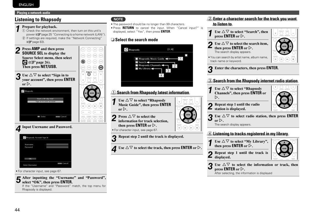 Marantz SR7005 manual Listening to Rhapsody, NnSelect the search mode, Search from Rhapsody latest information 