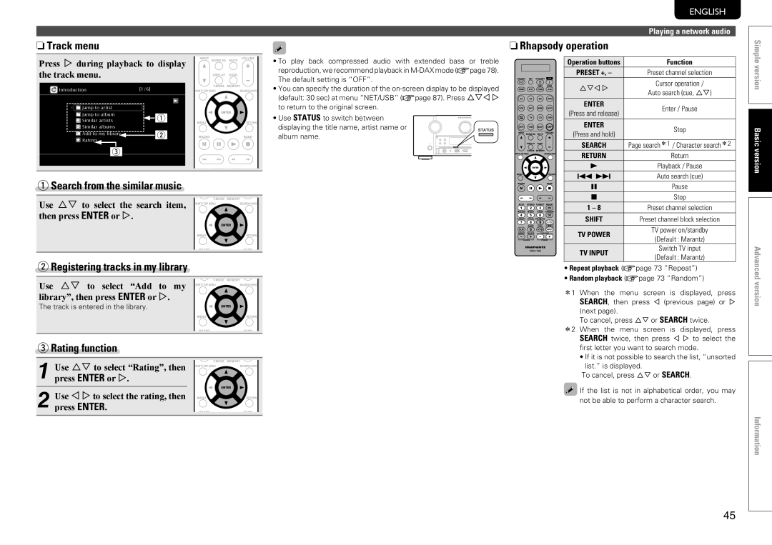 Marantz SR7005 manual NnTrack menu, Search from the similar music, Registering tracks in my library, Rating function 