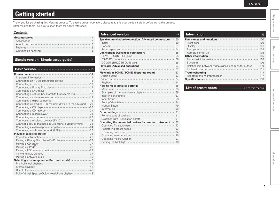 Marantz SR7005 manual Getting started, Contents 