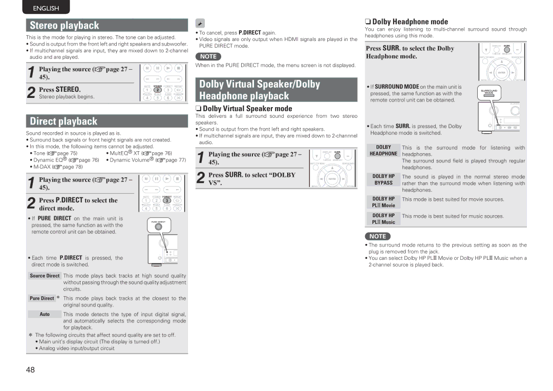 Marantz SR7005 Stereo playback, Direct playback, Dolby Virtual Speaker/Dolby Headphone playback, NnDolby Headphone mode 