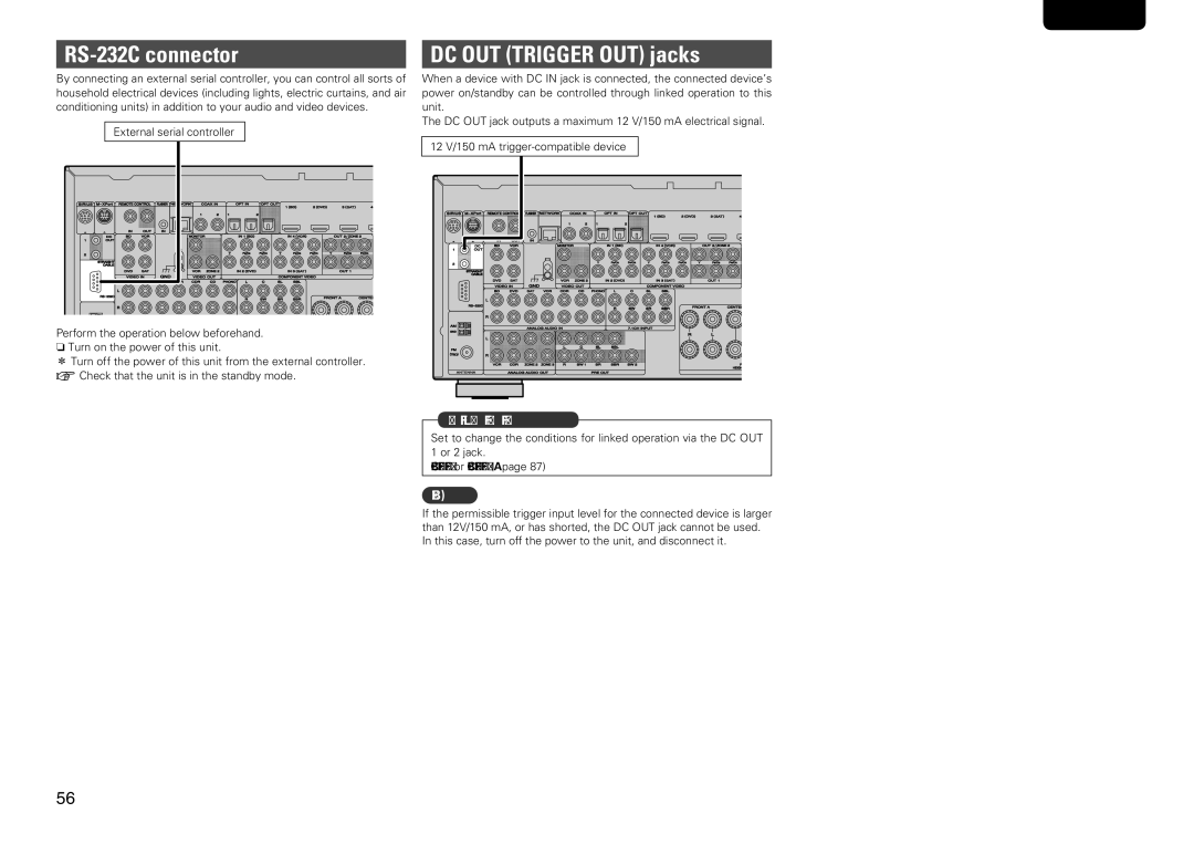 Marantz SR7005 manual RS-232C connector, DC OUT Trigger OUT jacks, Trigger Out 1 or Trigger Out 2 vpage 