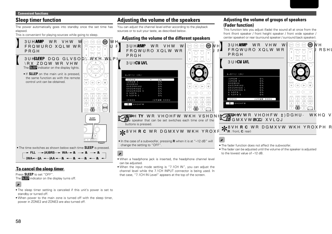 Marantz SR7005 manual Sleep timer function, Adjusting the volume of the speakers, To cancel the sleep timer 