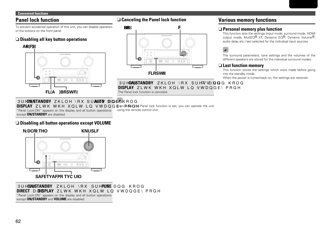 Marantz SR7005 manual Panel lock function, Various memory functions 