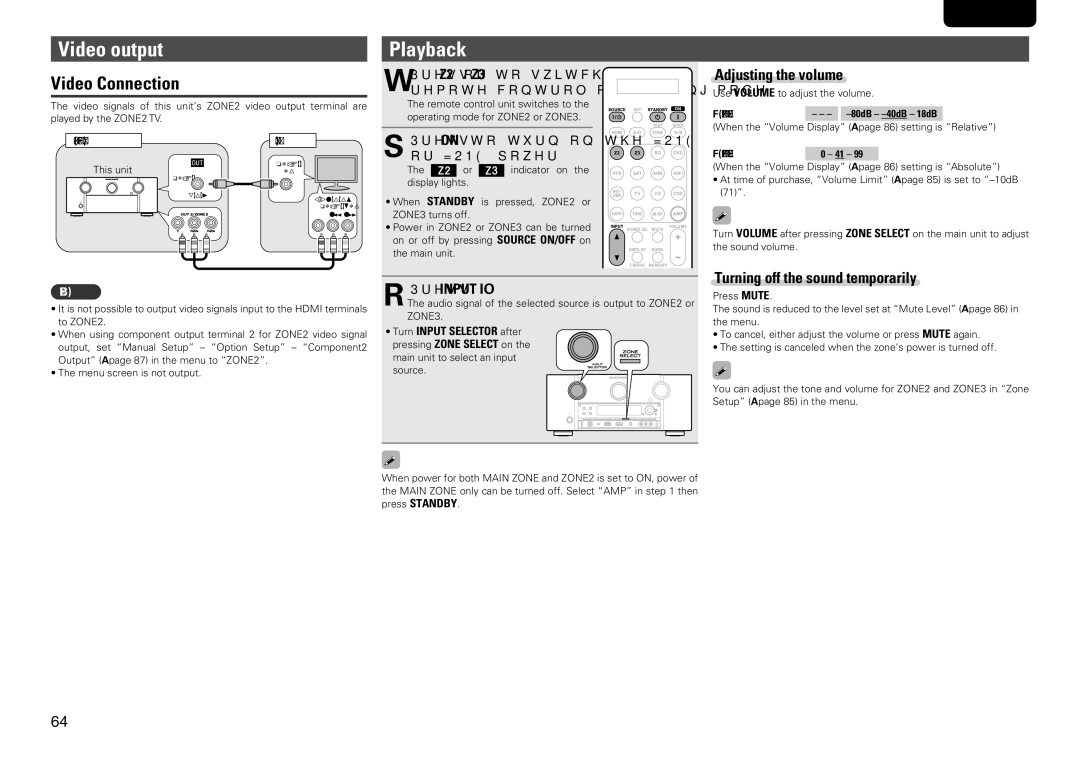 Marantz SR7005 manual Video output, Playback, Video Connection, Adjusting the volume, Turning off the sound temporarily 