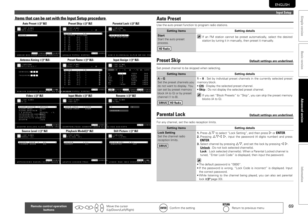 Marantz SR7005 manual Auto Preset, Preset Skip, Parental Lock, Items that can be set with the Input Setup procedure, Sirius 