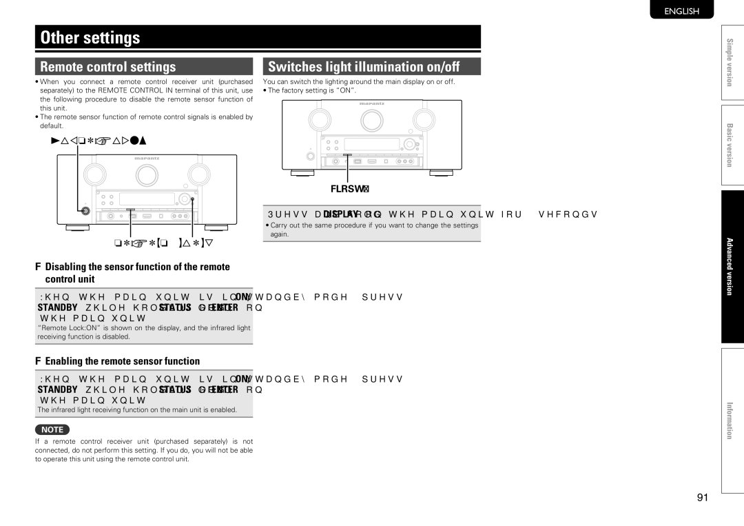 Marantz SR7005 manual Other settings, Remote control settings, NnDisabling the sensor function of the remote control unit 