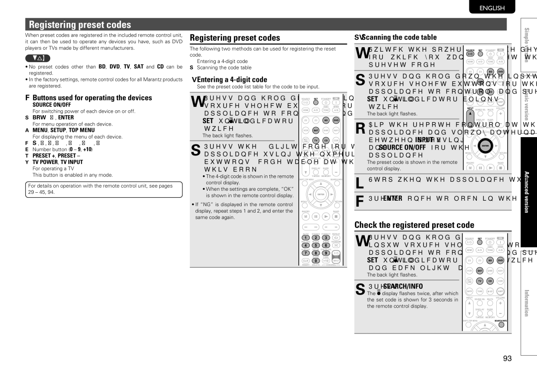 Marantz SR7005 manual Registering preset codes, Check the registered preset code 