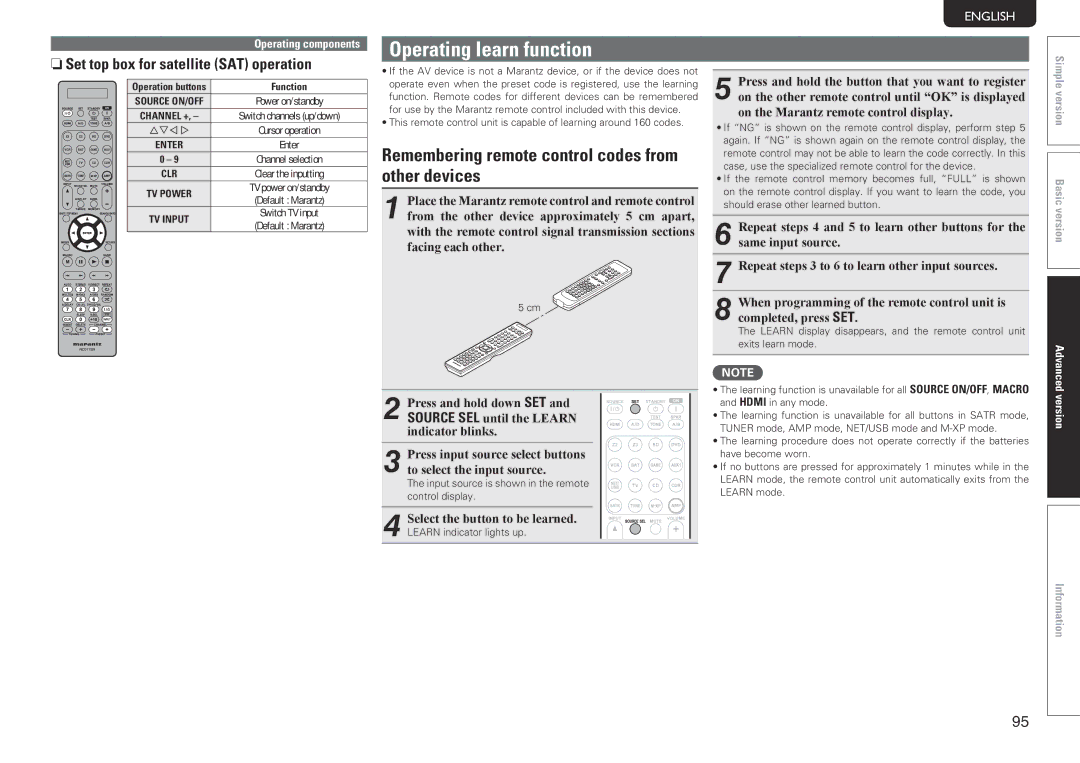 Marantz SR7005 manual Operating learn function, Remembering remote control codes from other devices 