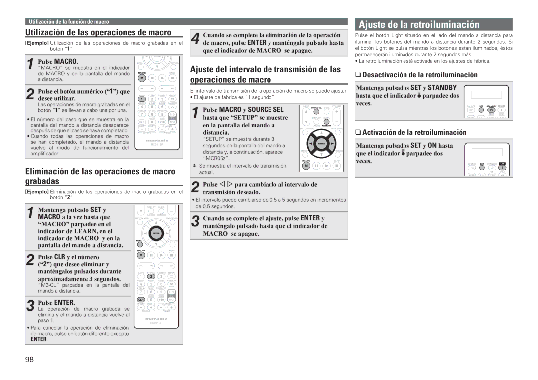 Marantz SR7005 manual Ajuste de la retroiluminación, Eliminación de las operaciones de macro grabadas 