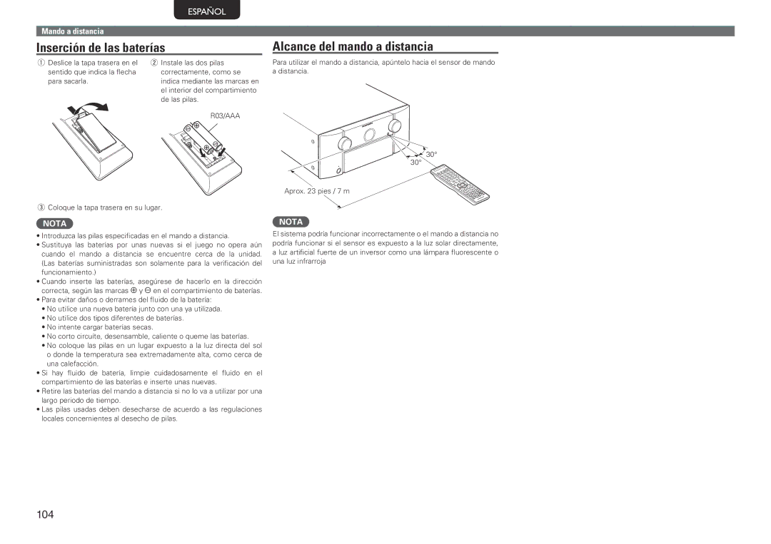 Marantz SR7005 manual Inserción de las baterías Alcance del mando a distancia, R03/AAA 