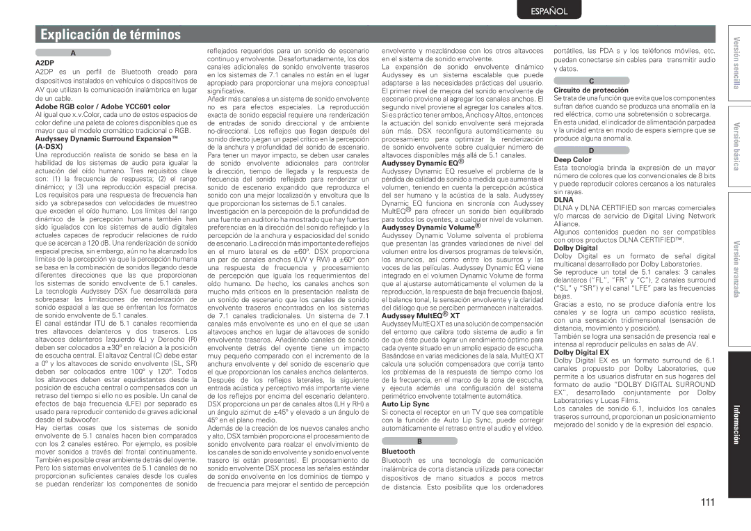 Marantz SR7005 manual Explicación de términos, A2DP, Dlna 