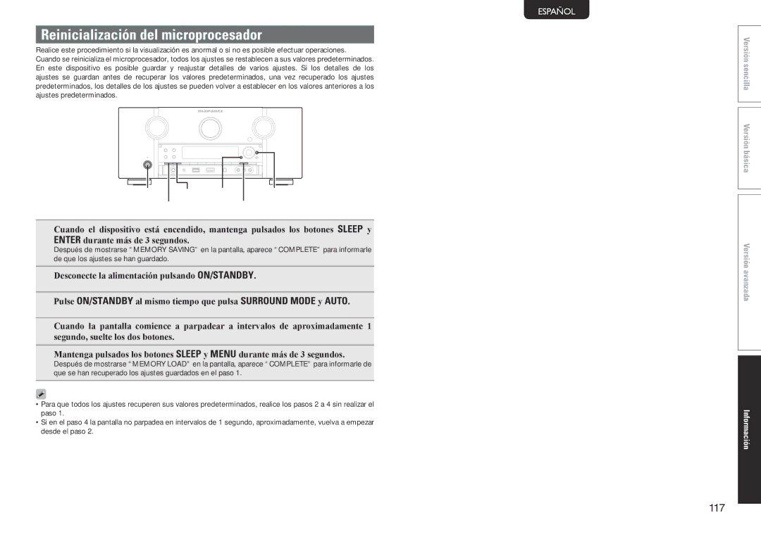 Marantz SR7005 manual Reinicialización del microprocesador, Auto Menu 