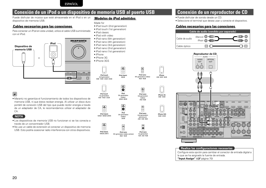 Marantz SR7005 manual Conexión de un reproductor de CD, Modelos de iPod admitidos, IPod, Reproductor de CD 