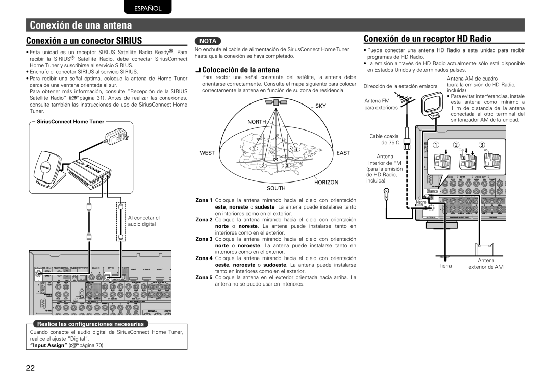 Marantz SR7005 manual Conexión de una antena, Conexión a un conector Sirius, Conexión de un receptor HD Radio 