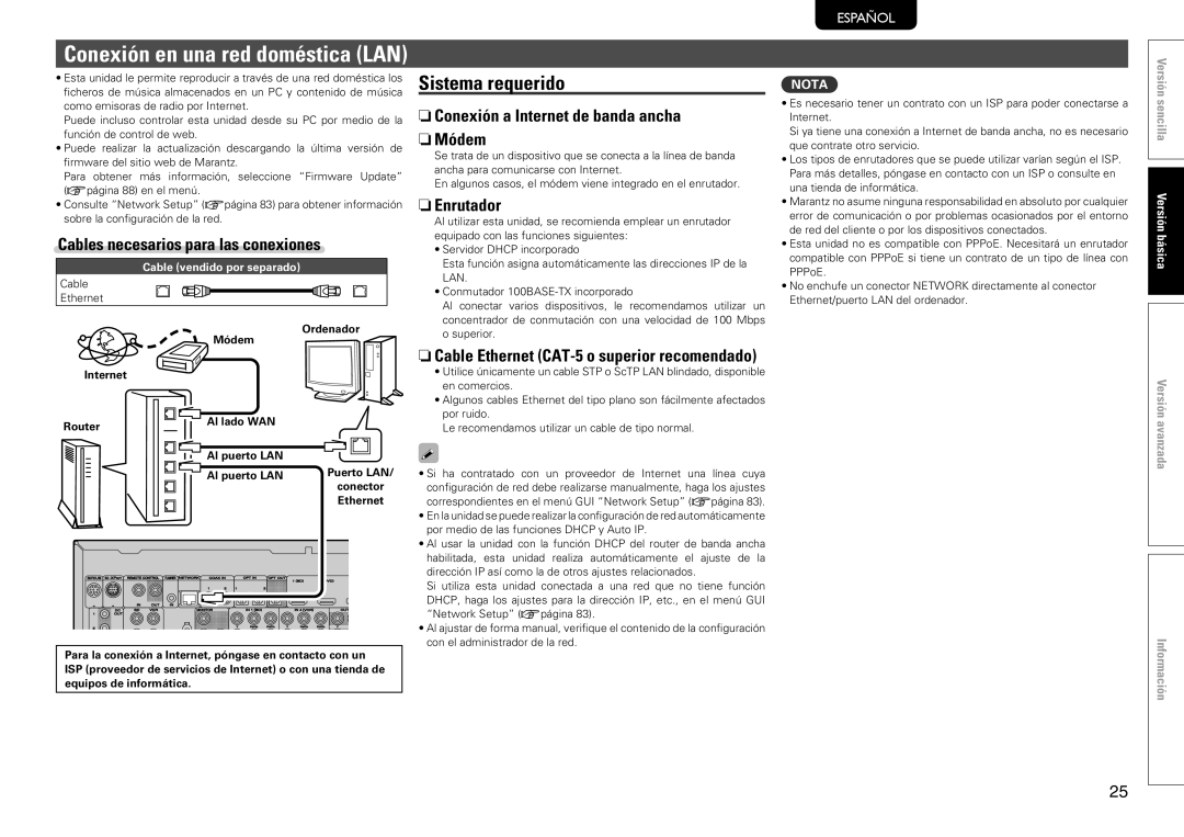 Marantz SR7005 manual Sistema requerido, NnConexión a Internet de banda ancha nnMódem, NnEnrutador 