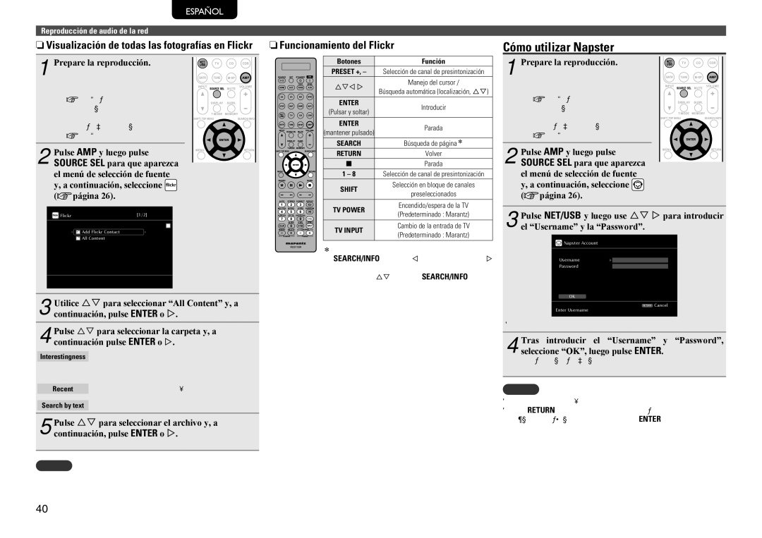 Marantz SR7005 Cómo utilizar Napster, NnFuncionamiento del Flickr, NnVisualización de todas las fotografías en Flickr 