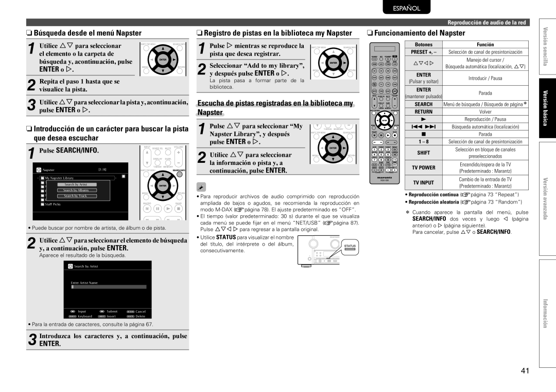 Marantz SR7005 manual NnBúsqueda desde el menú Napster, Escucha de pistas registradas en la biblioteca my Napster 