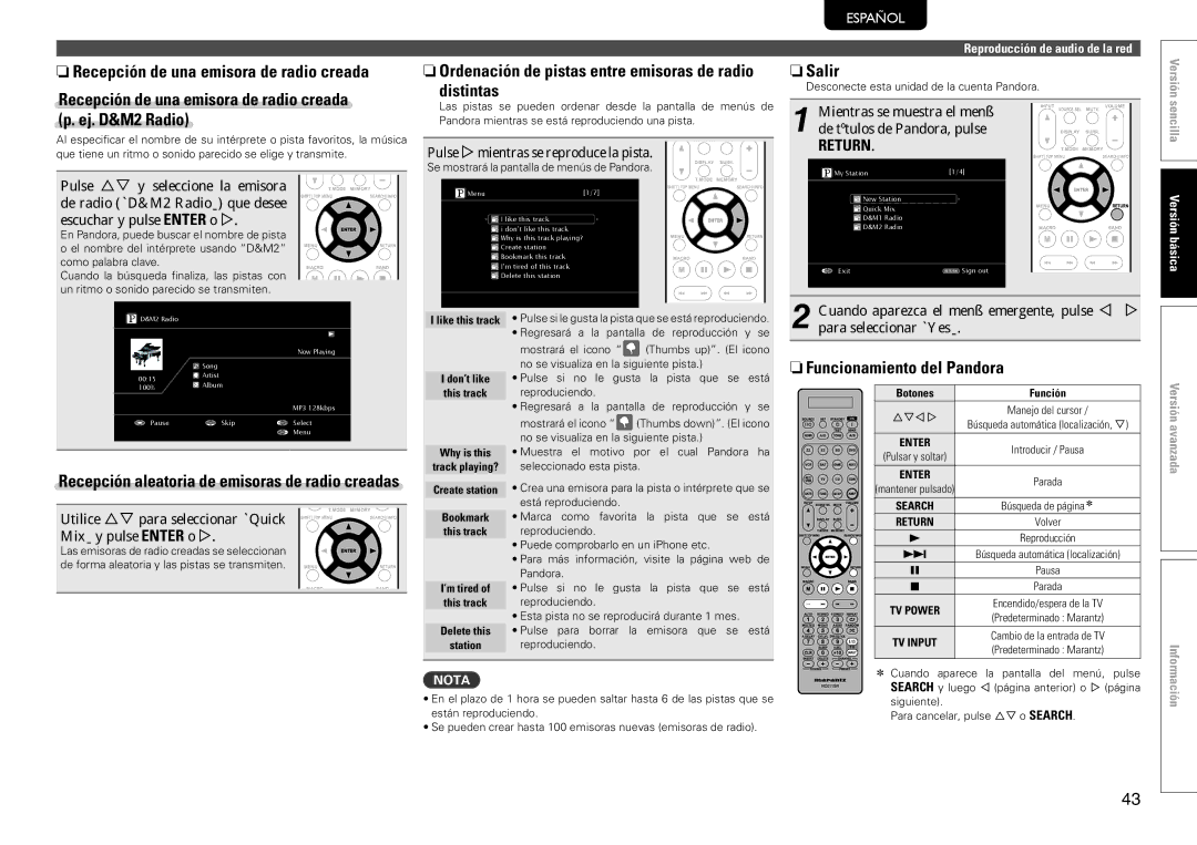 Marantz SR7005 manual NnOrdenación de pistas entre emisoras de radio distintas, NnSalir, NnFuncionamiento del Pandora 