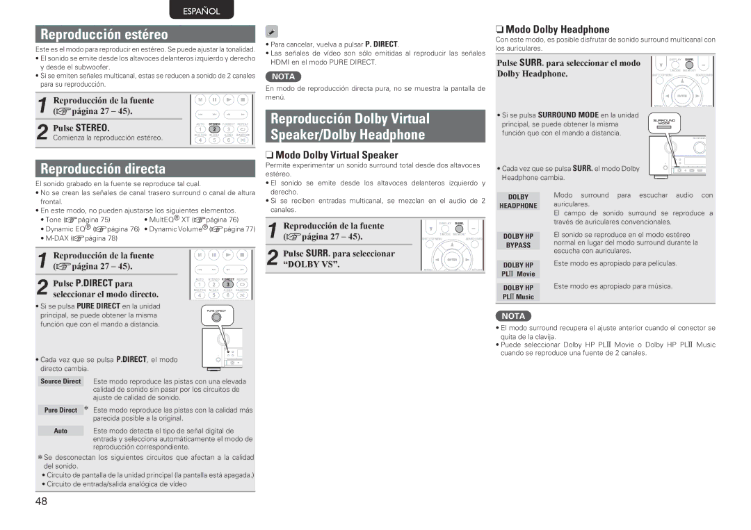 Marantz SR7005 manual Reproducción estéreo, Reproducción directa, Reproducción Dolby Virtual Speaker/Dolby Headphone 