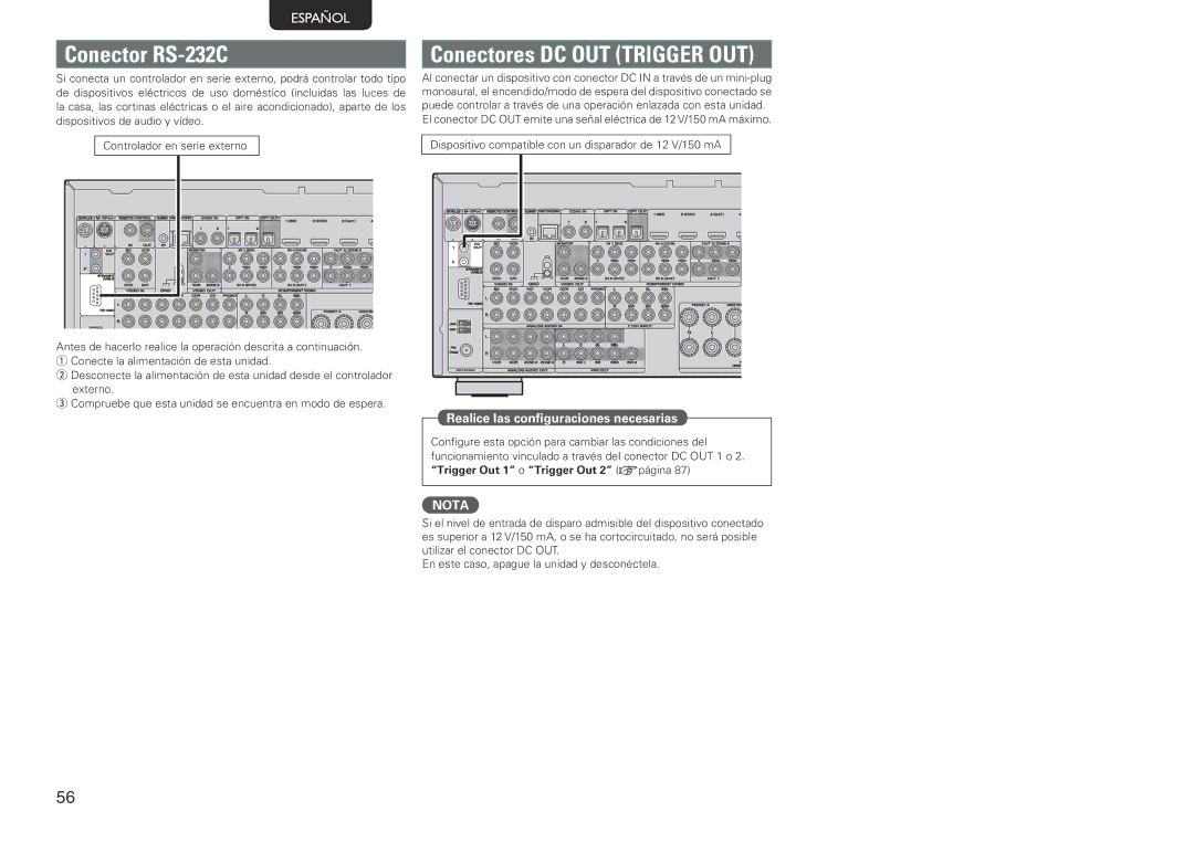 Marantz SR7005 manual Conector RS-232C, Conectores DC OUT Trigger OUT 