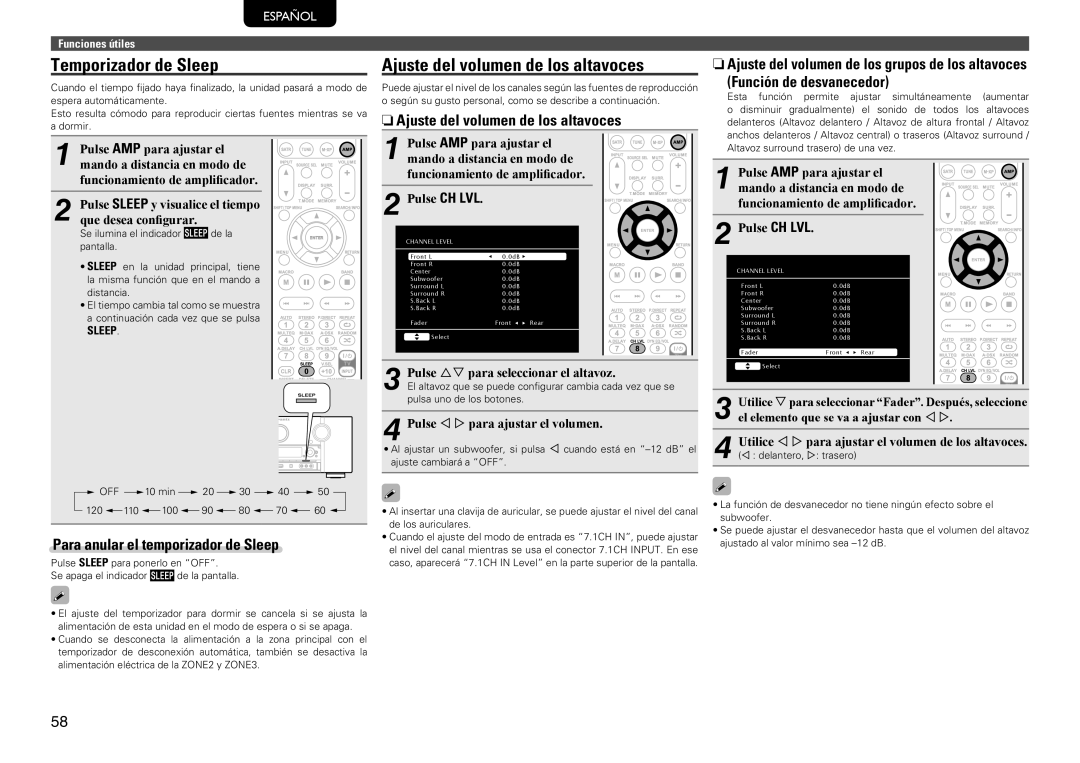 Marantz SR7005 manual Temporizador de Sleep, Ajuste del volumen de los altavoces, Para anular el temporizador de Sleep 