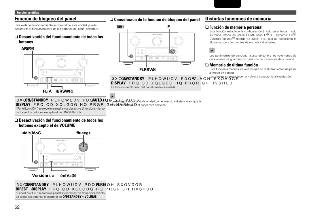 Marantz SR7005 manual Función de bloqueo del panel, Distintas funciones de memoria, NnFunción de memoria personal 