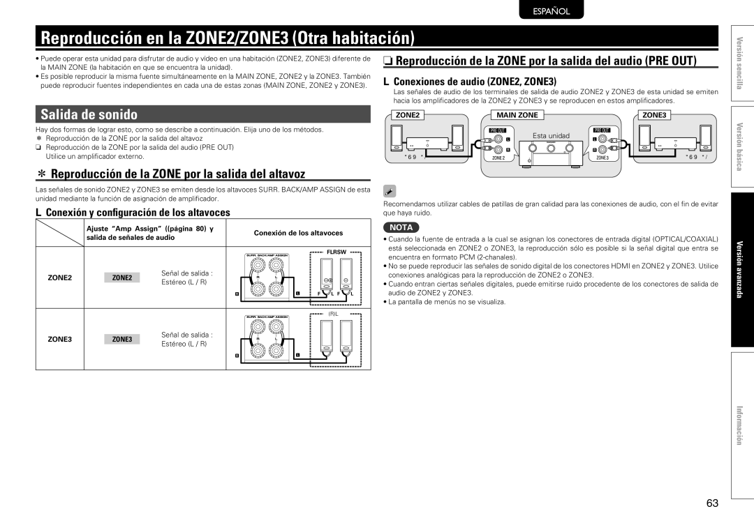Marantz SR7005 manual Reproducción en la ZONE2/ZONE3 Otra habitación, Salida de sonido, NnConexiones de audio ZONE2, ZONE3 