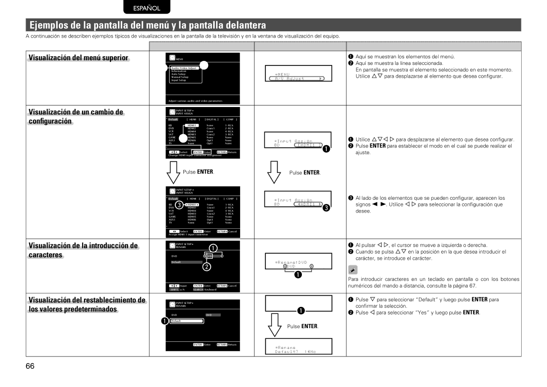 Marantz SR7005 Ejemplos de la pantalla del menú y la pantalla delantera, Visualización de la introducción de, Caracteres 