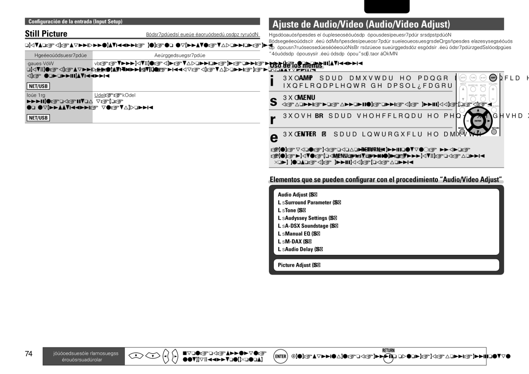 Marantz SR7005 manual Ajuste de Audio/Video Audio/Video Adjust, Audio Adjust vpágina Nn Surround Parameter vpágina 