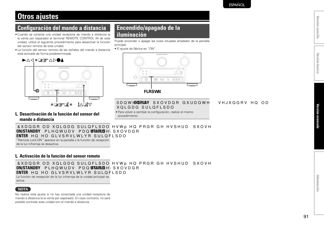 Marantz SR7005 manual Otros ajustes, Encendido/apagado de la iluminación, NnActivación de la función del sensor remoto 