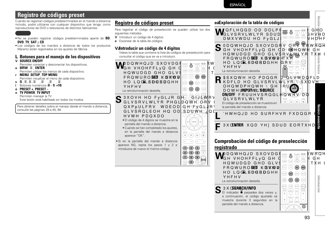 Marantz SR7005 manual Registro de códigos preset, Comprobación del código de preselección registrado 