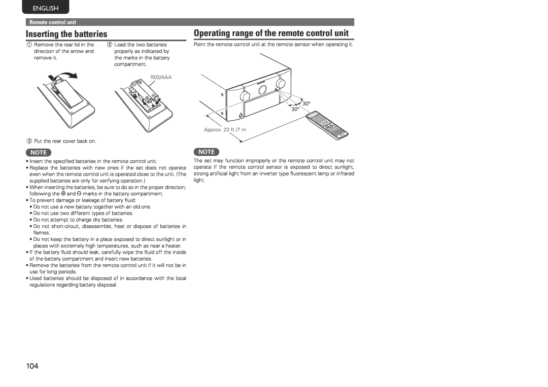 Marantz SR7005 manual Inserting the batteries, Operating range of the remote control unit, English, Remote control unit 