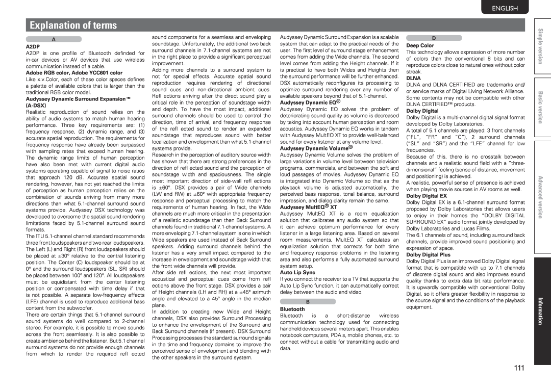 Marantz SR7005 manual Explanation of terms, Svenska, Nederlands, Español, Italiano, Français, Deutsch, English, Information 