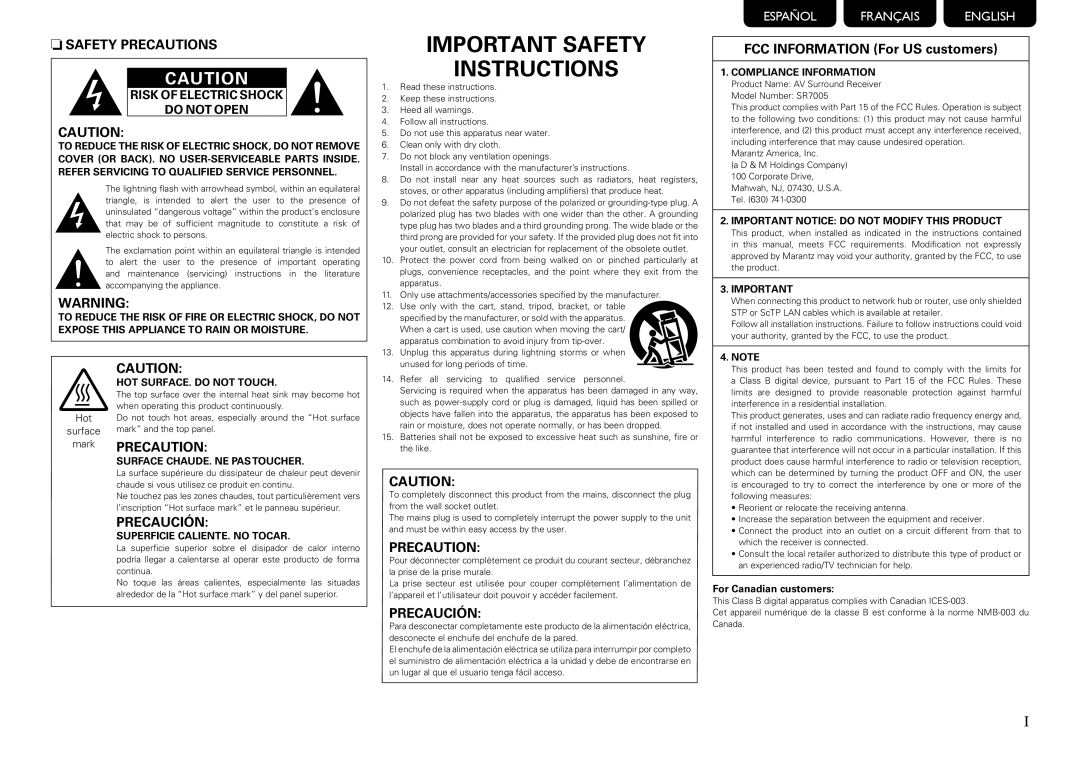 Marantz SR7005 manual Important Safety Instructions, nSAFETY PRECAUTIONS, mark PRECAUTION, Precaución, Precaution 