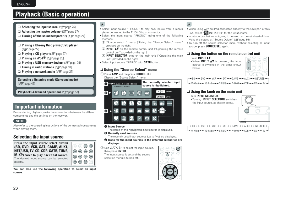 Marantz SR7005 manual Playback Basic operation, Important information, nnUsing the “Source Select” menu, English 