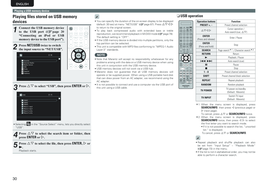 Marantz SR7005 manual Playing files stored on USB memory devices, nnUSB operation, English 