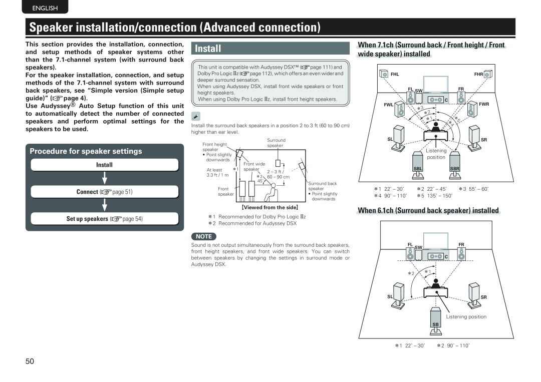 Marantz SR7005 manual Install, Procedure for speaker settings, When 6.1ch Surround back speaker installed, English 