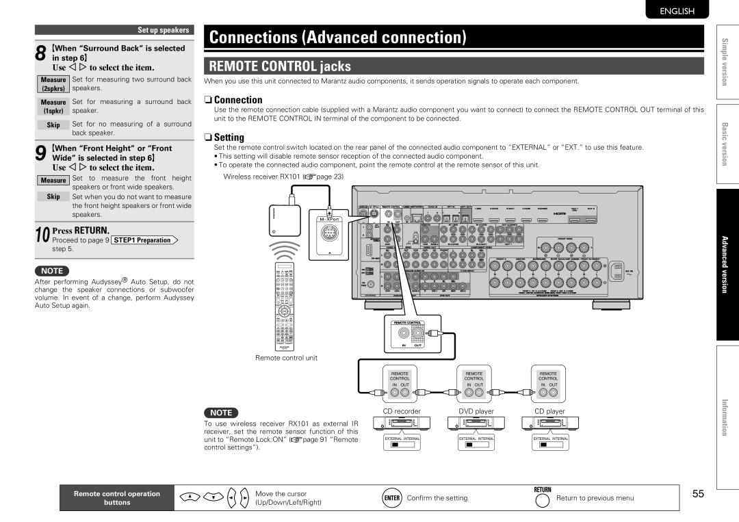 Marantz SR7005 manual Connections Advanced connection, REMOTE CONTROL jacks, nnConnection, nnSetting, Svenska, Nederlands 