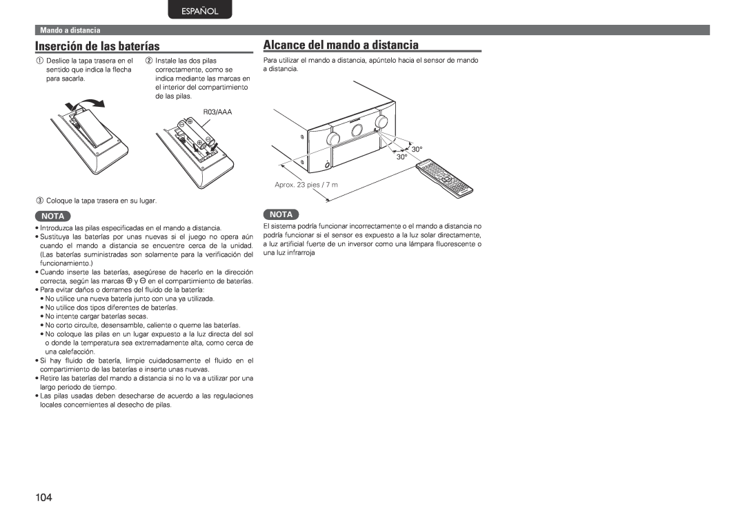Marantz SR7005 manual Inserción de las baterías, Alcance del mando a distancia, Español, Mando a distancia, Nota 