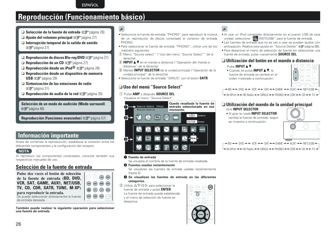 Marantz SR7005 Reproducción Funcionamiento básico, Selección de la fuente de entrada, Información importante, Español 
