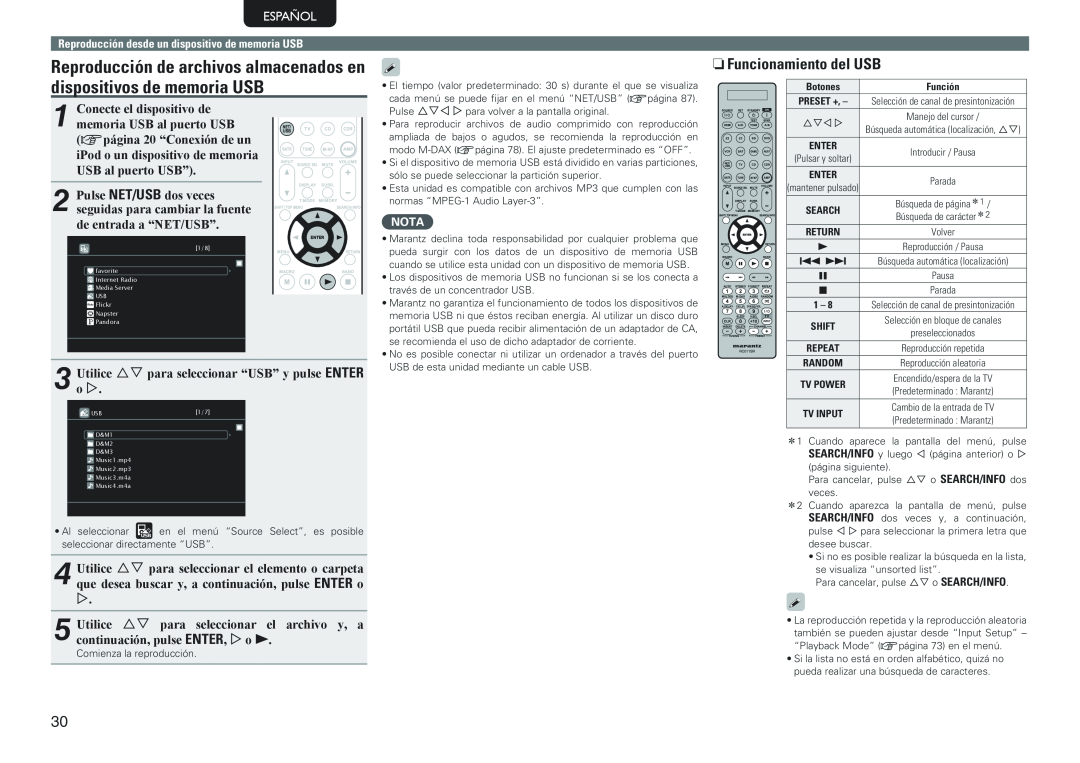 Marantz SR7005 manual nnFuncionamiento del USB, Español, Reproducción desde un dispositivo de memoria USB, Nota 