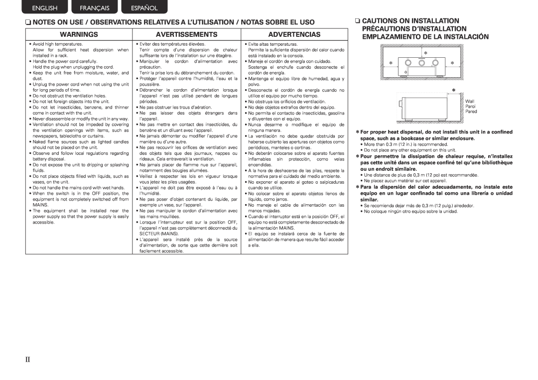 Marantz SR7005 manual Warnings, Avertissements, Advertencias, n CAUTIONS ON INSTALLATION, English Français Español 